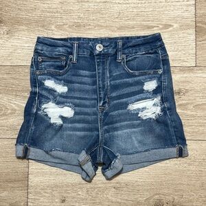 American Eagle Outfitters Blue Distressed High Waist Shorts Curvy Shortie 8